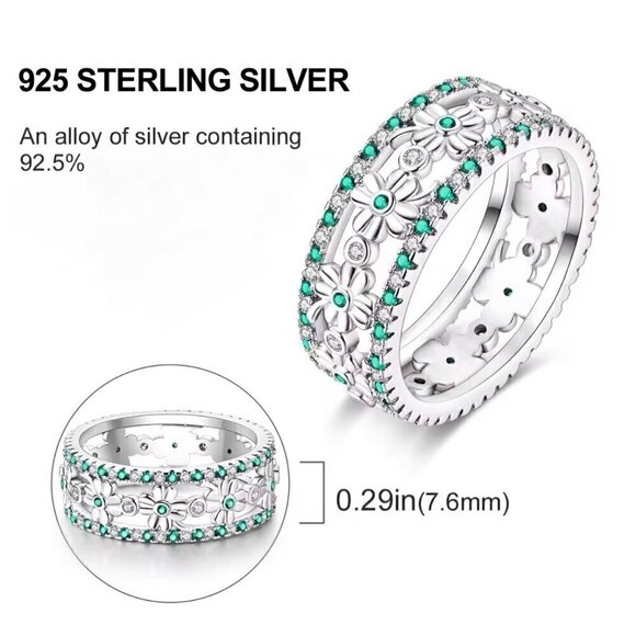 NWT Four Leaf Clover Band Ring S925 Sterling Silver Green Clear Zircon Sz. 7 - Picture 3 of 10